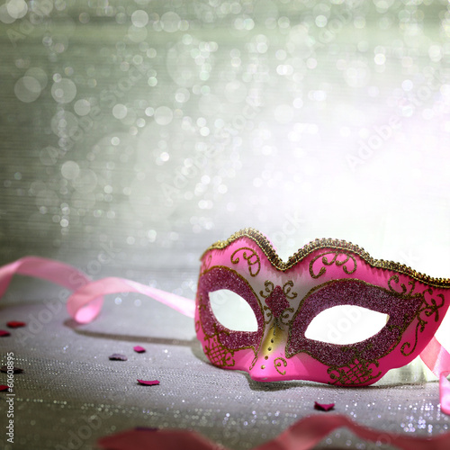 Fotografie, Obraz Pink carnival mask with glittering background