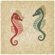 Sea Horse On Old Background - Vector Illustration