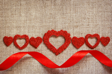 Wall Mural - Hearts line and ribbon on canvas