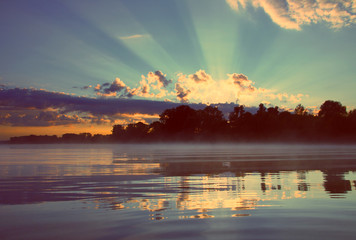 Wall Mural - beautiful sunrise on river - vintage retro style