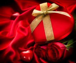 Poster - Valentine Red Hear Gift on Red Silk Background