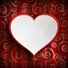White Heart In Red Frame On Red Patterned Background