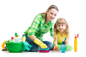 mother and kid cleaning room