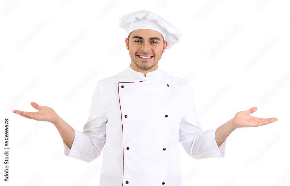 Professional chef in white uniform and hat, isolated on white