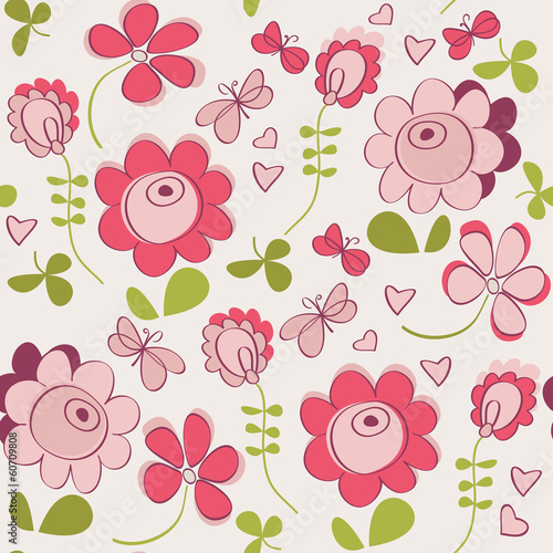 Foto-Vorhang - Seamless pattern with flowers and butterfly. Cute seamless. (von j_bunina)