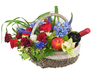 Poster - Flower arrangement of roses, orchids, fruits and bottle of wine.