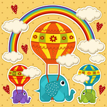 Elephant In A Balloon Baby Card - Vector Illustration