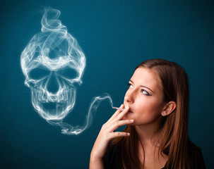 Young woman smoking dangerous cigarette with toxic skull smoke