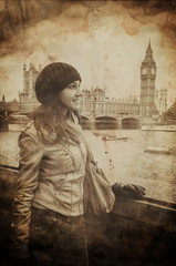 Wall Mural - Aged Vintage Retro Picture of Woman in Front of Big Ben