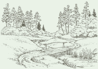 Poster - Vector landscape. Wooden bridge over the forest creek