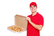 Courier In Red Uniform Presenting The Box With Pizza