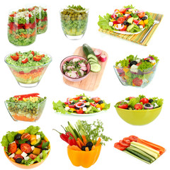 Wall Mural - Collage of  different salads isolated on white