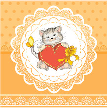 Valentines Day Card With Cat And Heart On Lace Background
