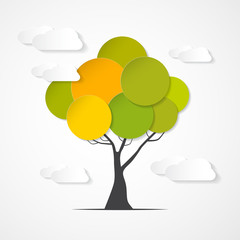 Sticker - Abstract Vector Paper Green Tree with Clouds