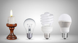Fototapeta  - Candle, tungsten bulb,fluorescent bulb and LED bulb