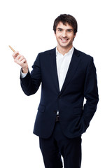 businessman pointing with pen on white background