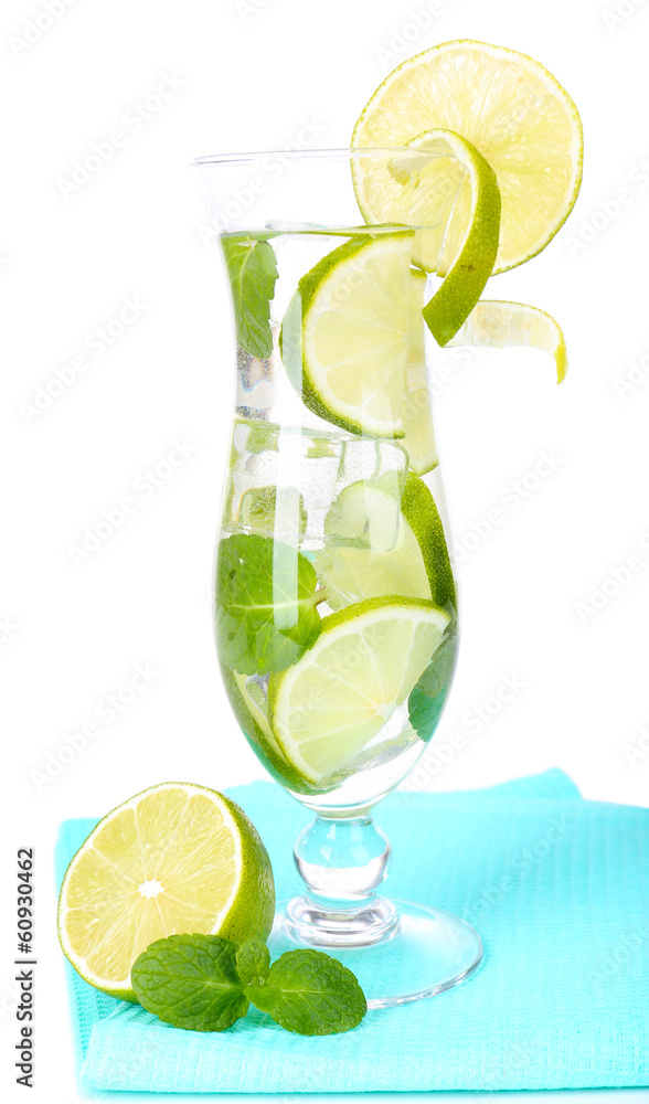 Glass of cocktail with lime and mint isolated on white