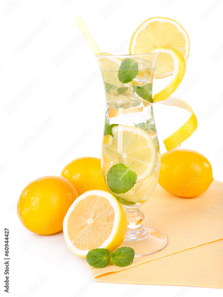 Glass of cocktail with lemon and mint isolated on white