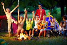 Laughing Kids Friends Having Fun Around Campfire