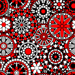 Wall Mural - Circle flower mandalas seamless pattern in black white red