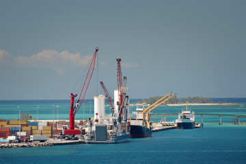 Industrial port with ships in Nassau Bahamas