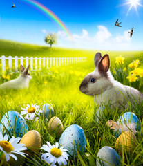 Wall Mural - Art Easter bunny rabbit and easter eggs on meadow.