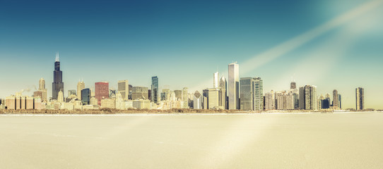 Poster - Chicago downtown winter panorama with frozen snow Lake Michigan