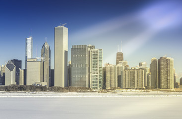 Wall Mural - Downtown Chicago in winter with frozen lake