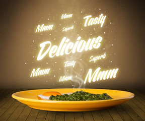 Food plate with delicious and tasty glowing writings