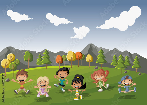 Board z aluminiowym obramowaniem Grupa cute szczęśliwy cartoon dzieci bawiące się w zielonym parku