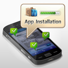 Smartphone with message bubble about app installation