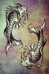 Wall Mural - Sketch of tattoo art, japanese goldfish over colorful paper