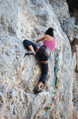 Wall Mural - Rear view of young female rock climber on cliff