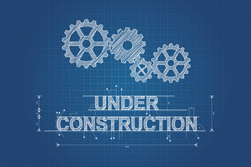 under construction blueprint, technical drawing with gear wheel