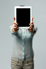 Poster - Woman showing tablet computer screen