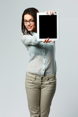 Sticker - businesswoman showing tablet computer screen 