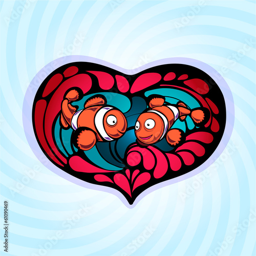 Fotografie, Tablou Two Cute Clown Fish on a Background of Heart