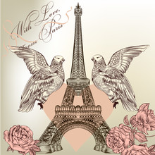 Beautiful Valentine Card With Detailed Vector Eiffel Tower, Rose