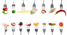 Collage Of Food On Forks Isolated On White