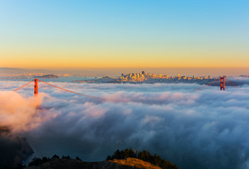 Wall Mural - Foggy day in San Francisco California at sunset