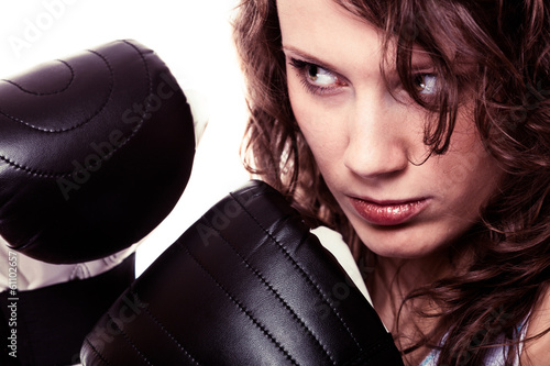 Obraz na płótnie canvas trzyczęściowy "tryptyk" Sport bokser kobieta w rękawiczkach. 