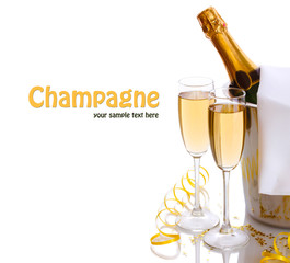 Wall Mural - Champagne bottle in bucket with ice and glasses of champagne,