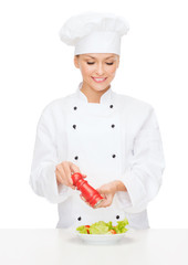 Poster - smiling female chef with preparing salad