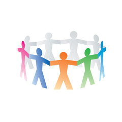 circle of colorful paper people on white background