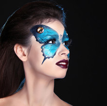 Face Art Portrait. Fashion Make Up. Butterfly Makeup On Face Bea