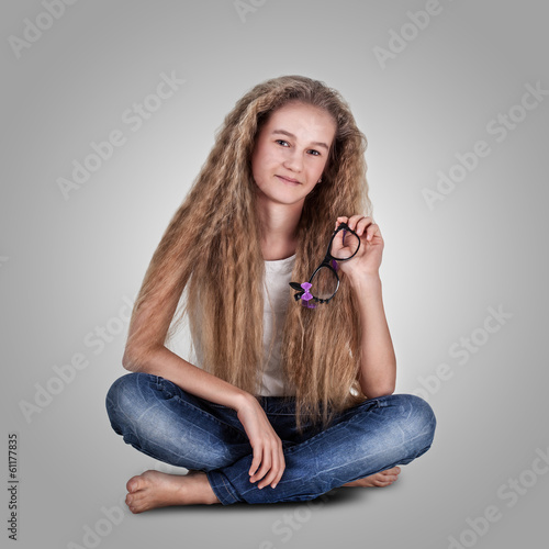Cute Smiling Little Teenage Girl With Long Hair And Glasses