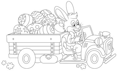 Wall Mural - Easter bunny rides a truck with Easter eggs