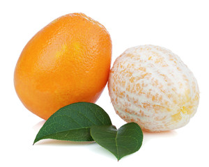 Wall Mural - Orange fruits with green leaves isolated on white background.