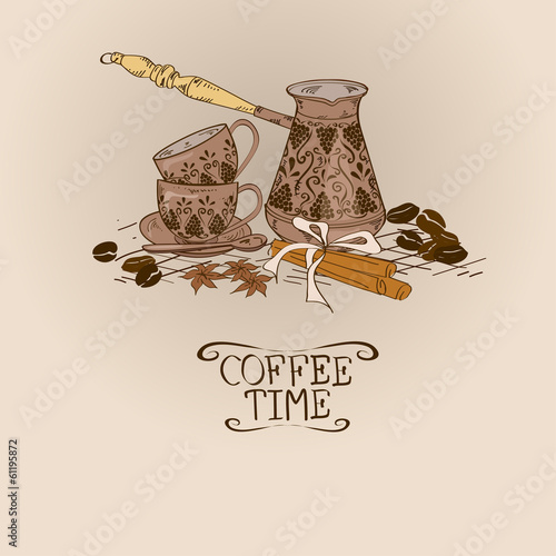 Fototapeta do kuchni Illustration with vintage coffee turk copper and cups