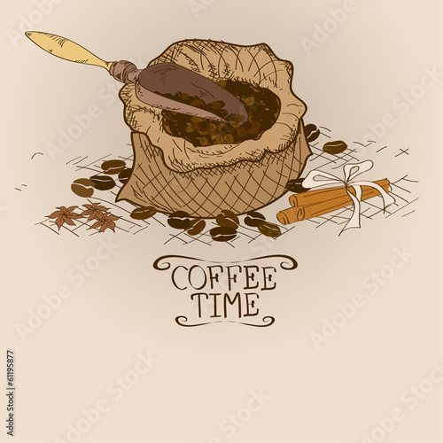 Naklejka - mata magnetyczna na lodówkę Illustration with bag of coffee and scoop
